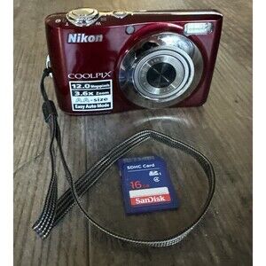 Nikon COOLPIX L22 12MP 3.6x Optical CCD Vintage Digital Camera Red 16GB Sd Card